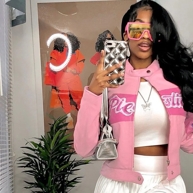 가을 겨울 스트리트 스타일 여성용 자수 슬림핏 배꼽 노출 컬러 블록 자켓 핫걸 아우터웨어 탑