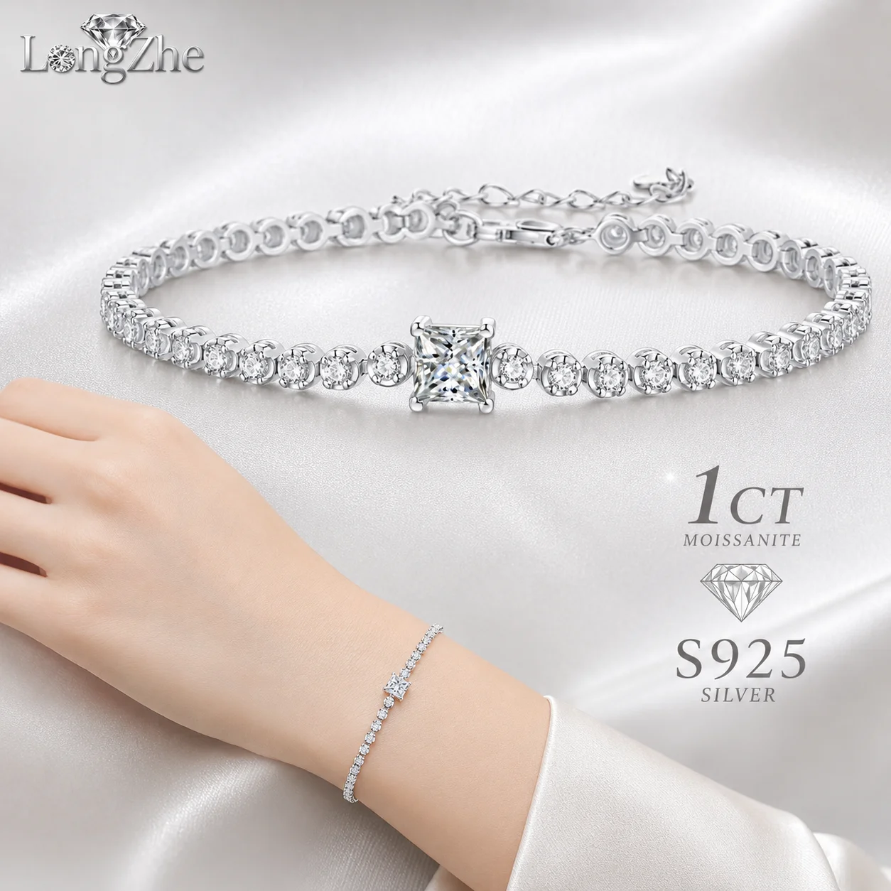 1CT Princess Cut D Color Moissanite Tennis Bracelet for Women S925 Sterling Silver 18K White Gold Plated Adjustable