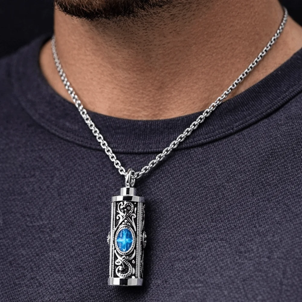 For Men Crystal Cremation Urn Necklace Cylinder Waterproof Ashes Pendant Keepsake Retro Style Cremation Jewelry Human Ashes