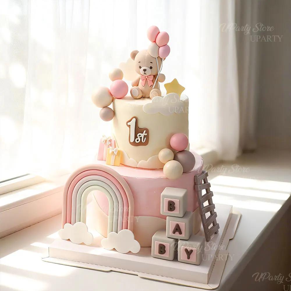 Luftballons Bär Kuchen Topper Erröten Rosa Kugeln Weiße Wolke Bär Halten Luftballons Kuchen Dekoration für Geburtstag Baby Dusche Dekor – Detail 9