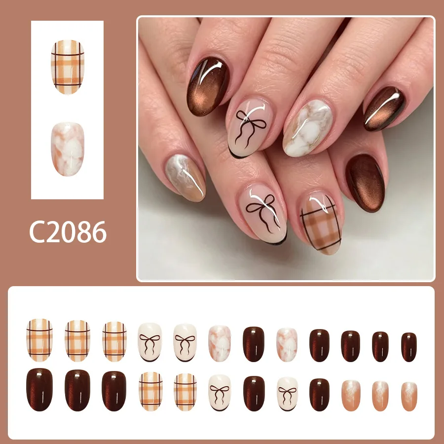 24Pcs Coffee Brown Cat Eye Press On Nails Drawn Bow Plaid Marble Texture Fake Nail Short Oval False Nail For Women&Girl