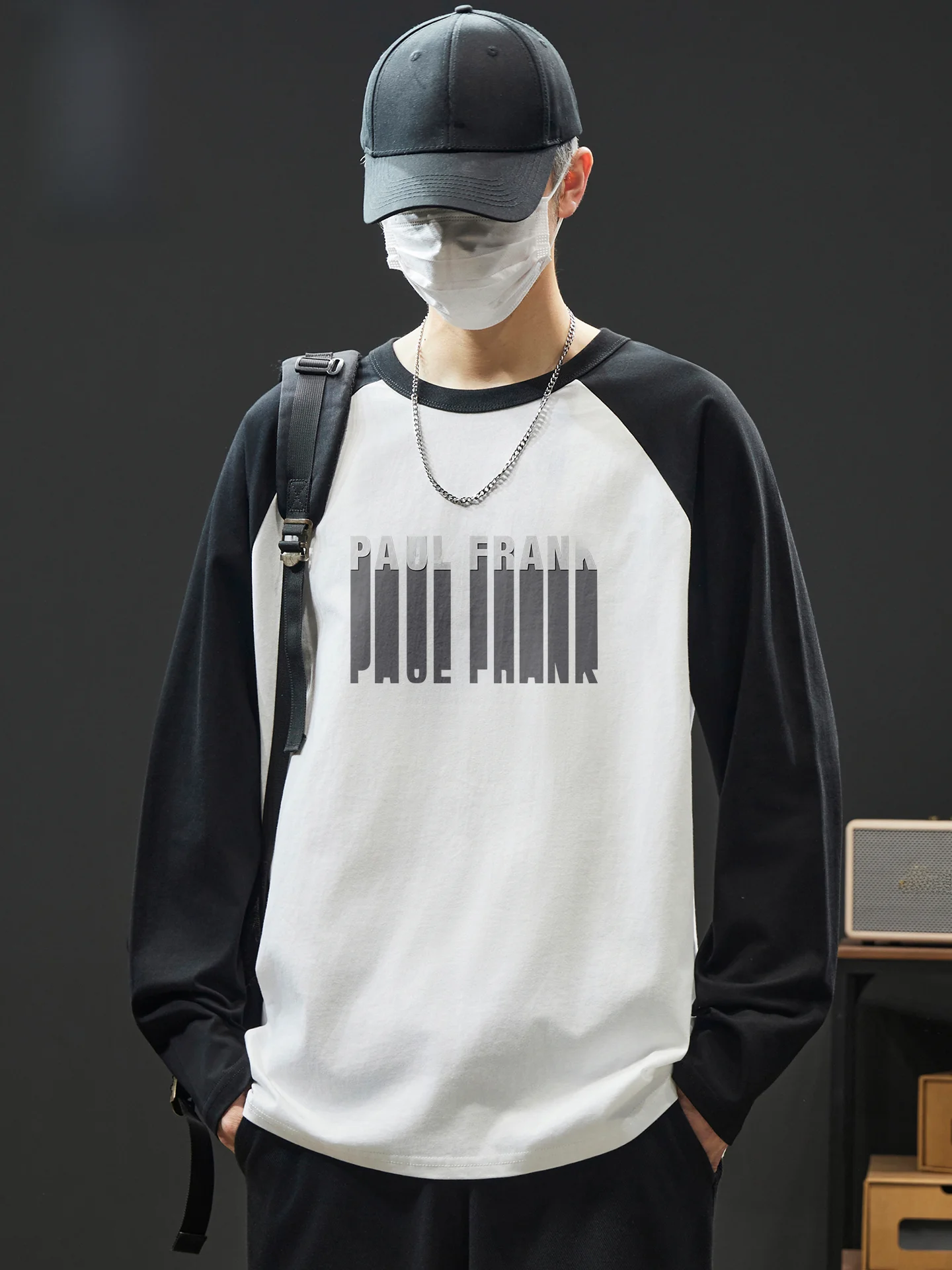 

Мужская футболка с длинным рукавом и цветными вставками на плечах, из чистого хлопка, базовая, весна 2026, повседневная, дышащая, с круглым вырезом