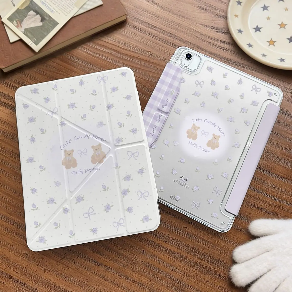 Cute Purple Bow Bear 3+YFold iPad Case For iPad Pro 11 13in 2025 iPad Pro 12.9in Air7 10th 11th M4/5 Buckle For Magsafe Cover