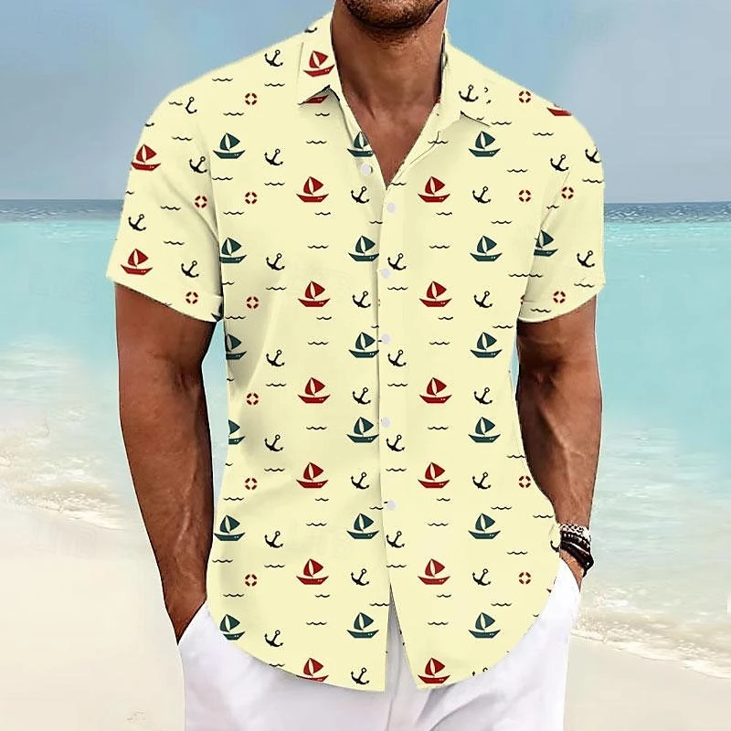 Simple Sailboat Anchor Pattern Hawaiian Shirts For Men Fashion Trend Lapel 3D Printed Beach Shirts Casual Oversize Vacation Tops