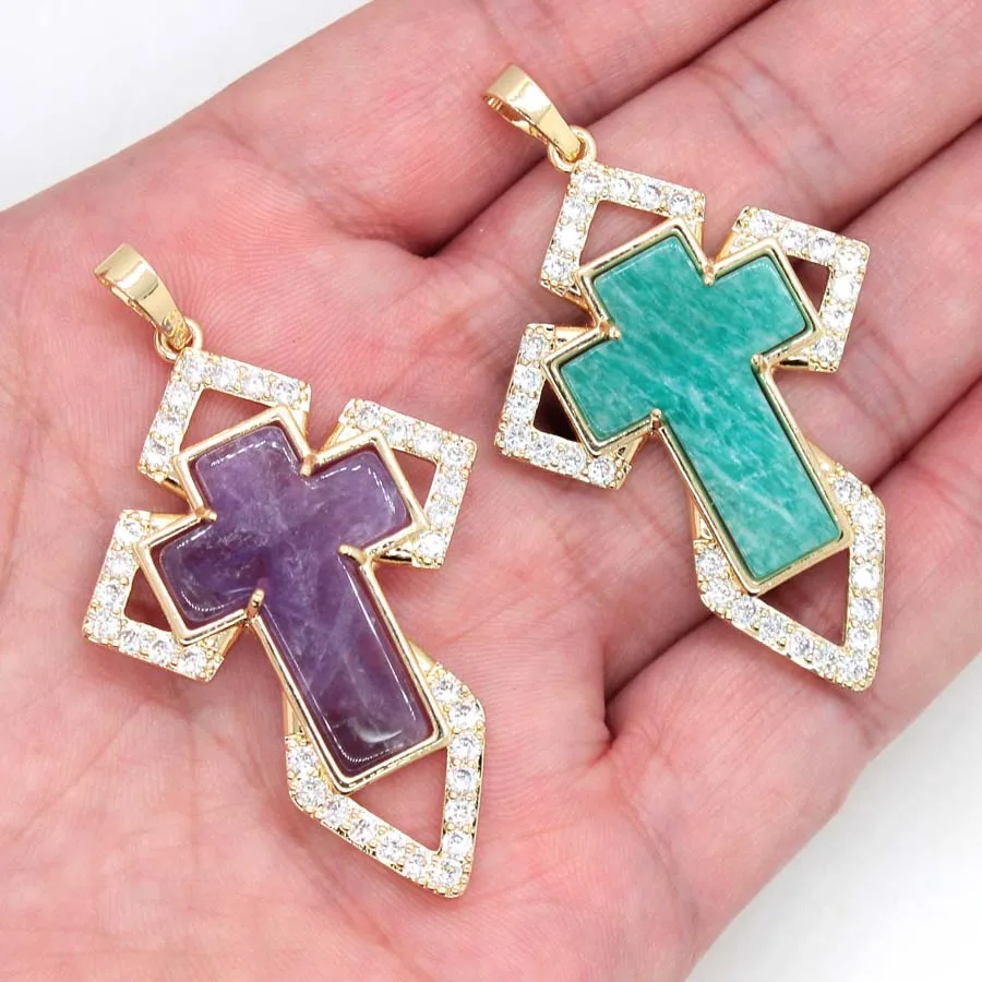 Charms Natural Crystal Cross Stone Pendants Inlaid Rhinestone For Women Amethyst Rose Quartz Agate Choice Men Jewelry Making