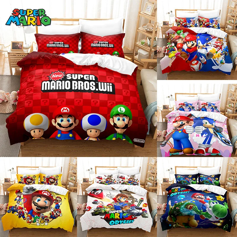 Anime Super Marios Bros Bedding Set Quilt Cover Pillowcase Cartoon Decor Bed Spead Bedroom Duvet Cover Bedding Suit Kids Gift