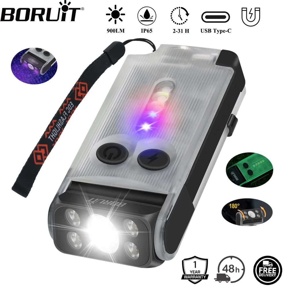 【セール中】BORUiT V30 UV EDC LED懐中電灯 タイプC充電式モバイルバッテリー ワークライト トーチ マグネット付き ブザー キャンプ用ポケットランタン