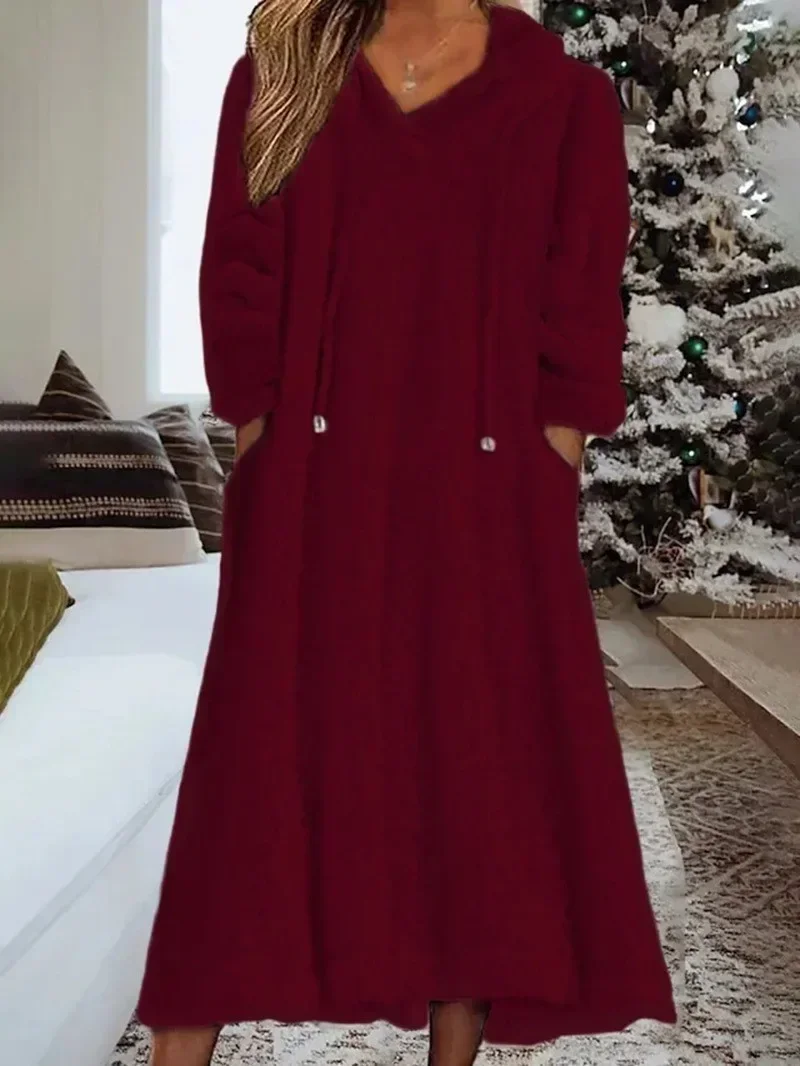 2023 Autumn Women\'s Long Dress Velvet Long Sleeve Hooded Homeclothes Dresses Female Winter Warm Fashion Loose Clothing Ladies