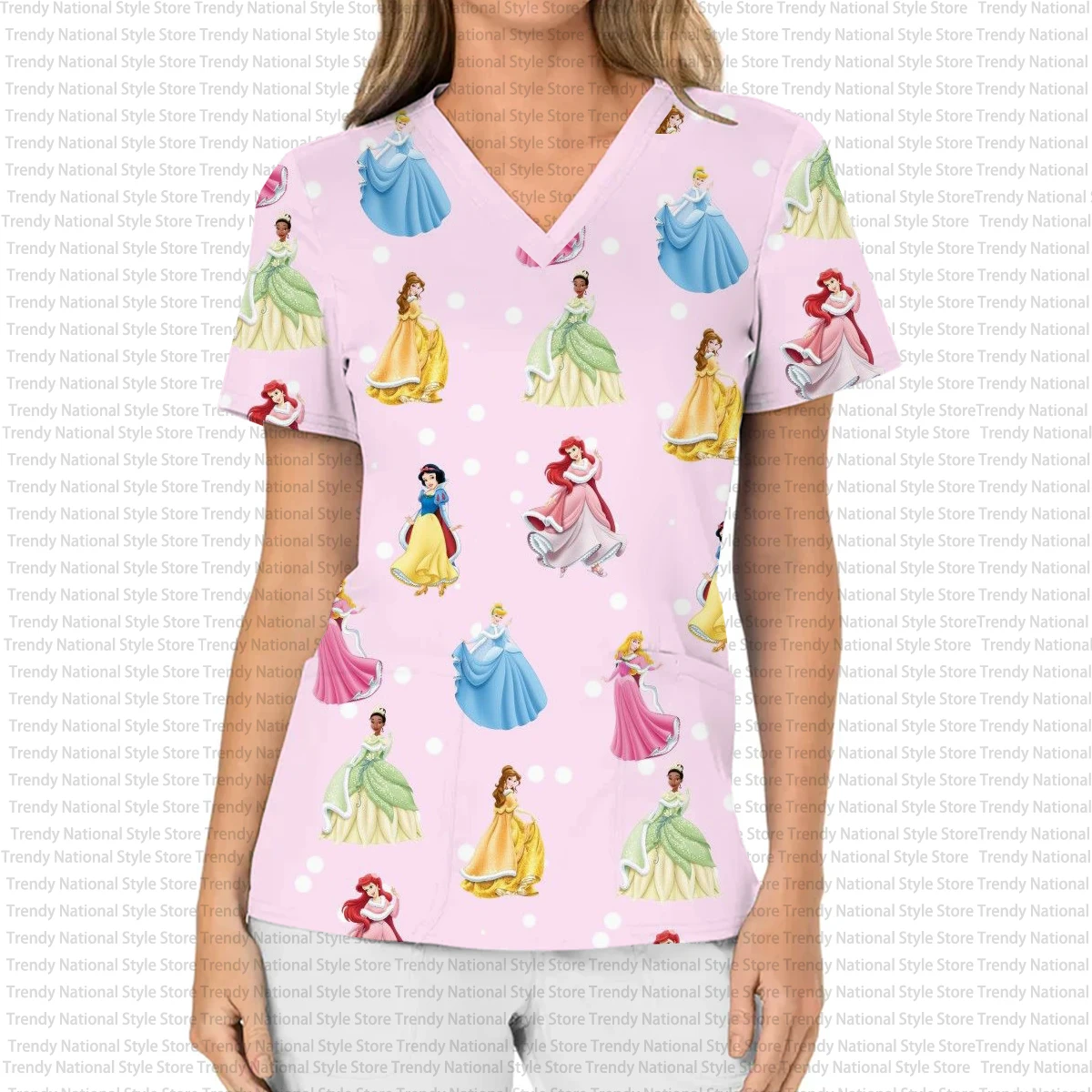 Summer Commuter Outfit Disney Princess Print Women's Nursing Gown V-neck Pocket Frosted Top Hospital Nurse and Caregiver T-shirt