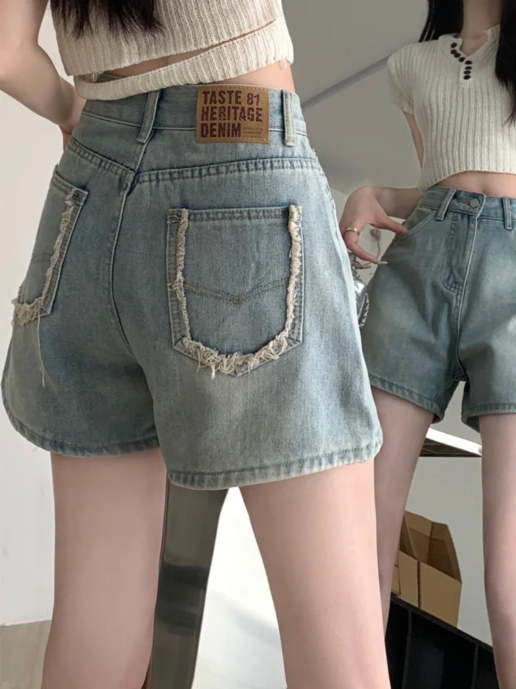 

American Retro High Waist Straight Leg Denim Shorts Women's plus Size Summer Wide Leg Hot Pants Skin-friendly Breathable