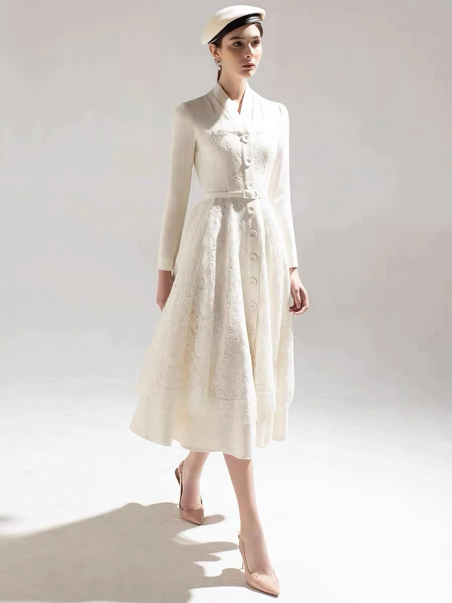 

Fake Two Piece Big Swing Lace Splice Dresses Spring Women Long Sleeves Single Breasted Dress Autumn High Waist Knee Length Dress