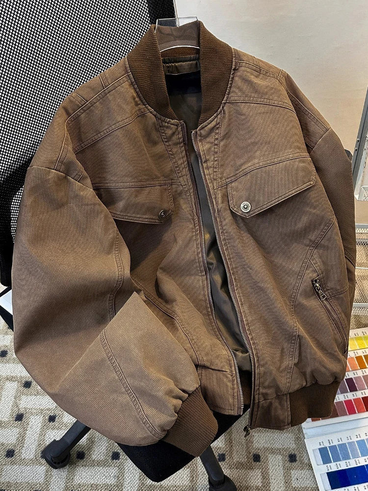 Men Spring Fall Corduroy Baseball Jacket Vintage Utility Denim Coat Streetwear Drop Shoulder Casual Jacket Retro Cargo Outerwear