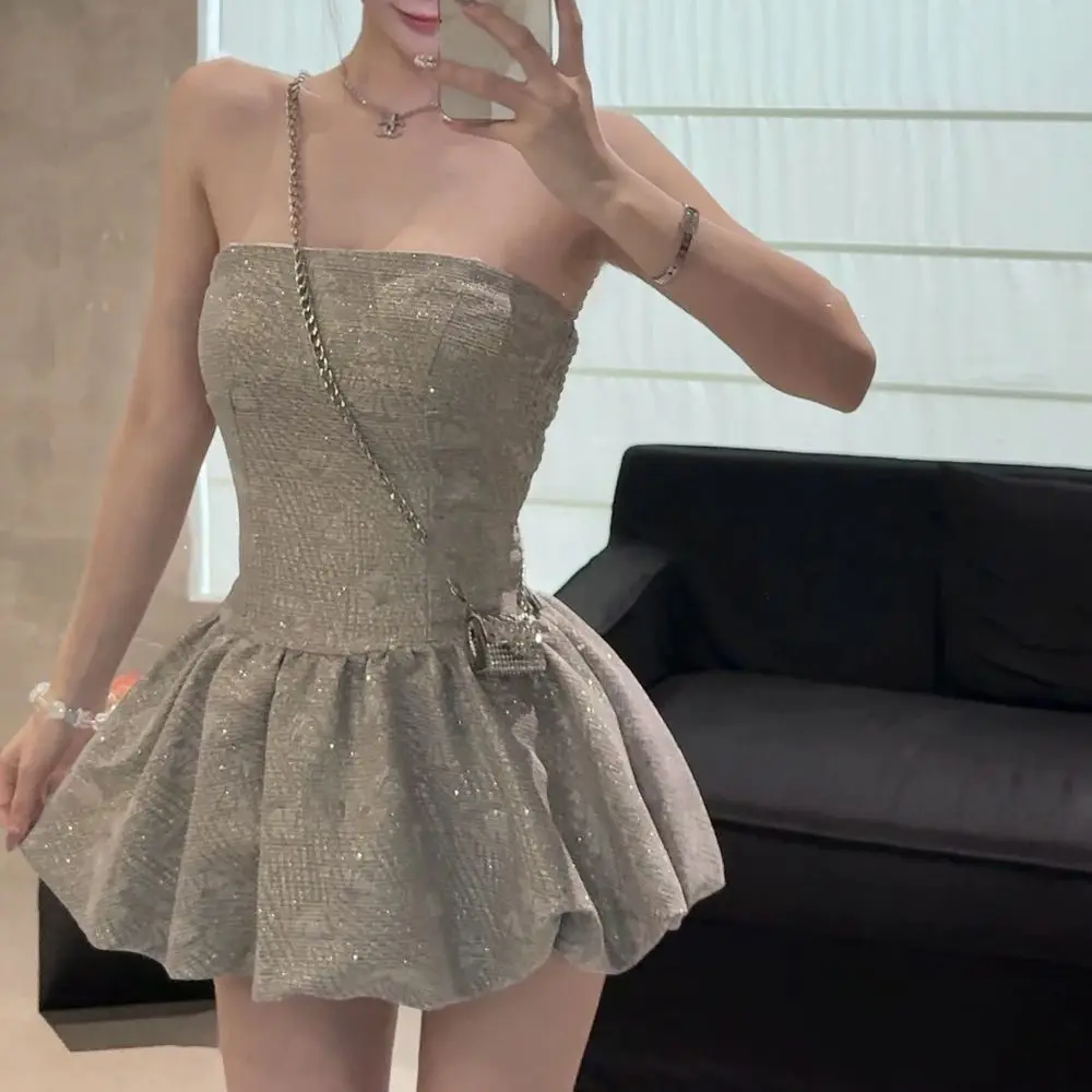 Pearlescent luster, small fragrant wind, pearl patch sleeveless fluffy dress, summer waist cinching short dress