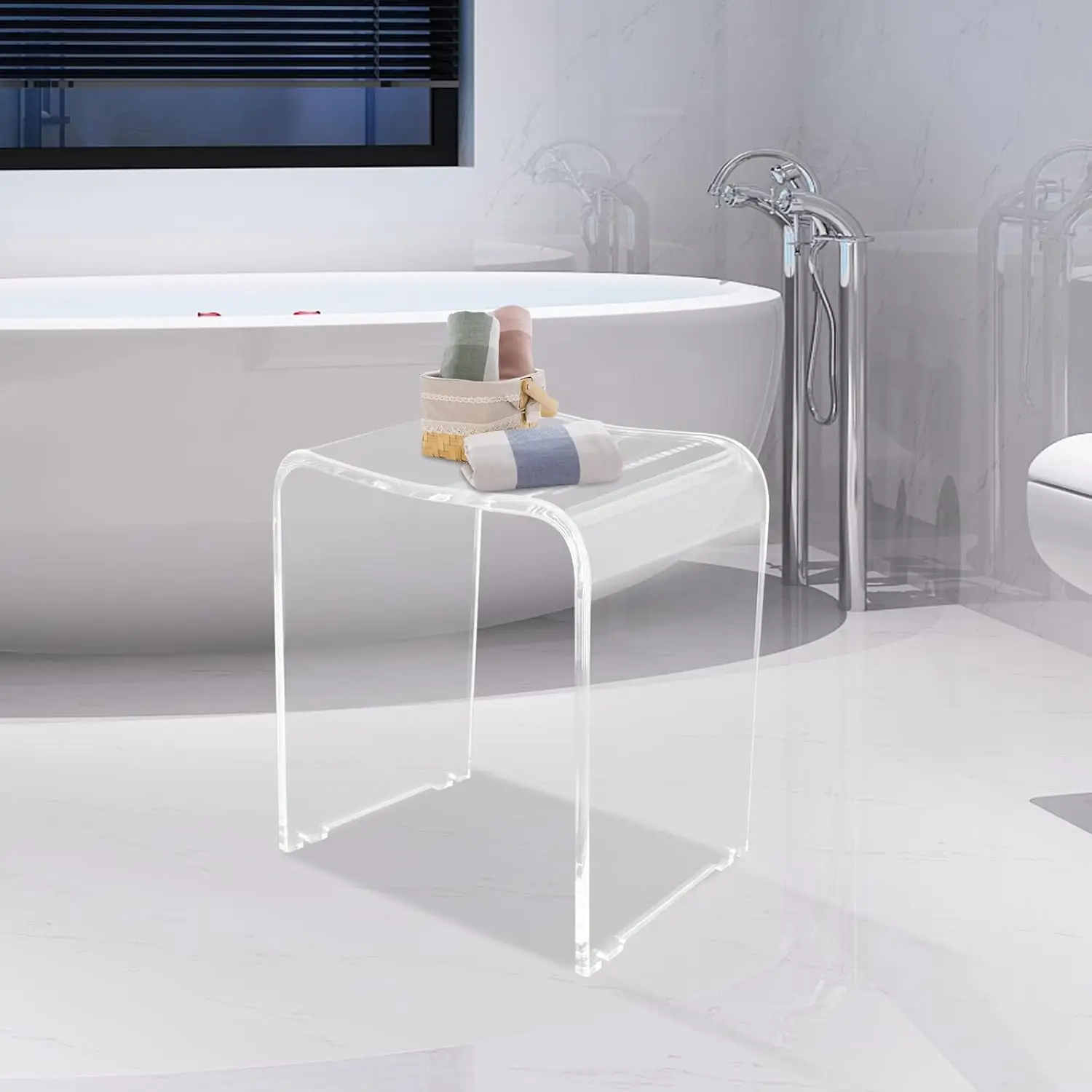 Clear U-Shaped Acrylic Shower Bench Stool Waterproof 300Lbs Tall Backless Bathtub Seat for Sauna Bath, Living Room, Studio Decor