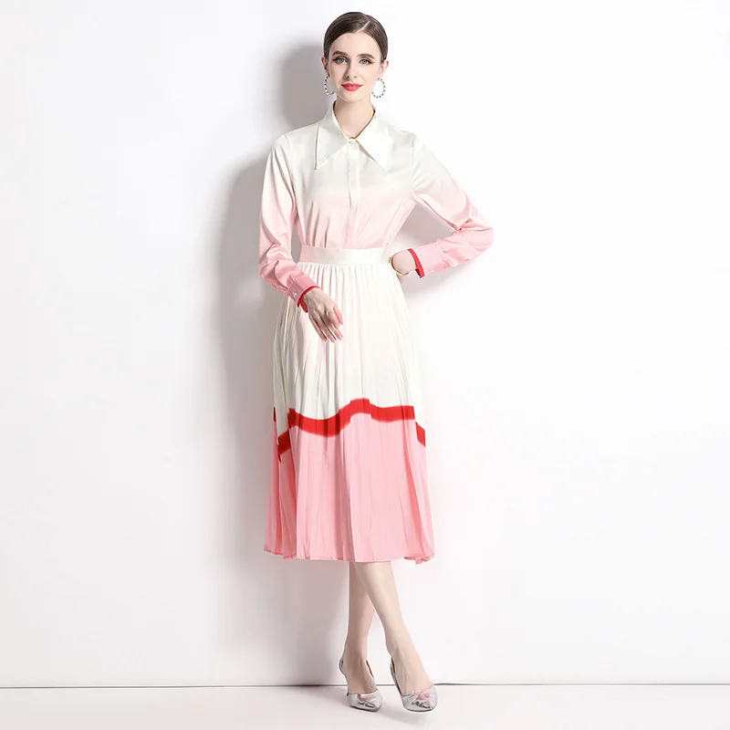 New Spring Summer Fashion Pink 2 Piece Set Striped White Turn Down Collar Casual Shirts Office Blouse Tos+Plieated Skirts Sets