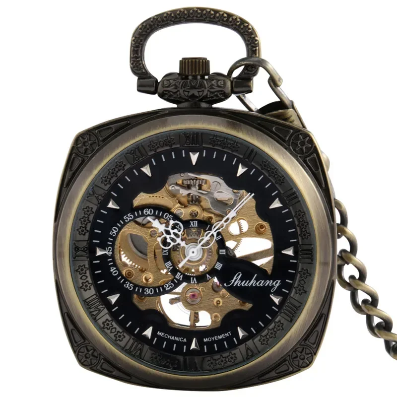 Bronze Square Case Men Women Handwinding Mechanical Pocket Watch with Pendant Chain Skeleton Clock Retro Timepiece