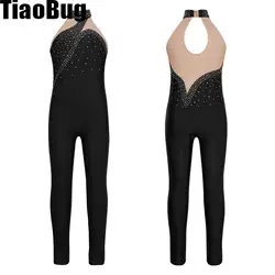Mono de baile con diamantes de imitación brillantes para niños y niñas, ropa de patinaje artístico, malla transparente, Patchwork, sin mangas, gimnasia, actuación
