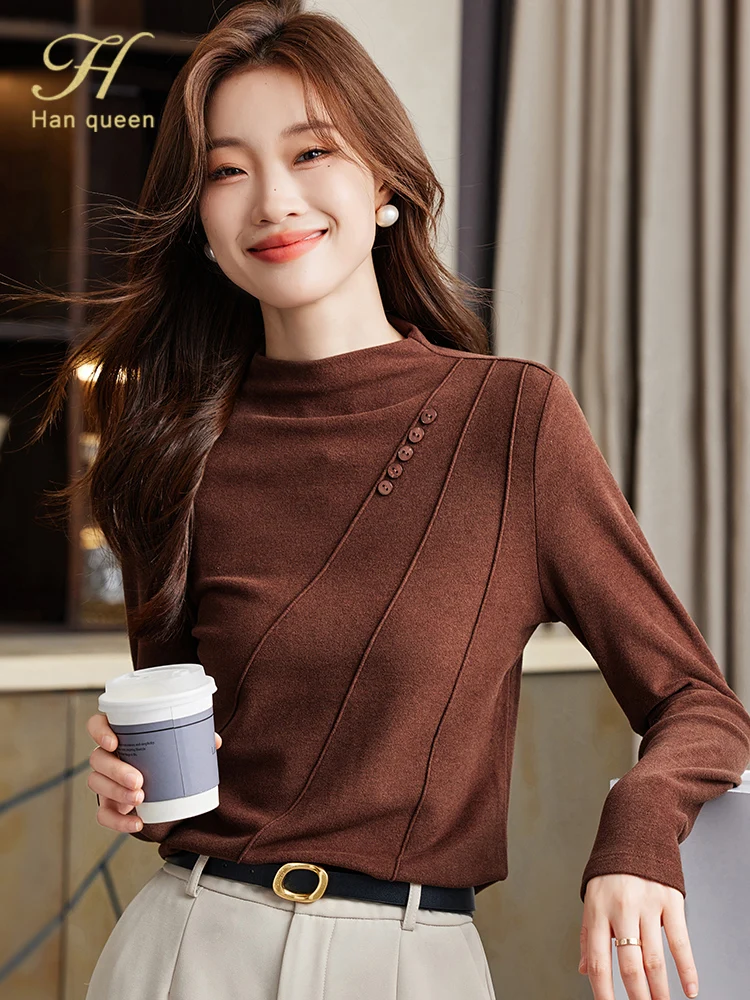 H Han Queen 2024 Autumn Winter Fashion Button Simple Basic Tees Simple Office T-Shirts Tops Casual Korean OL Loose Tops Women