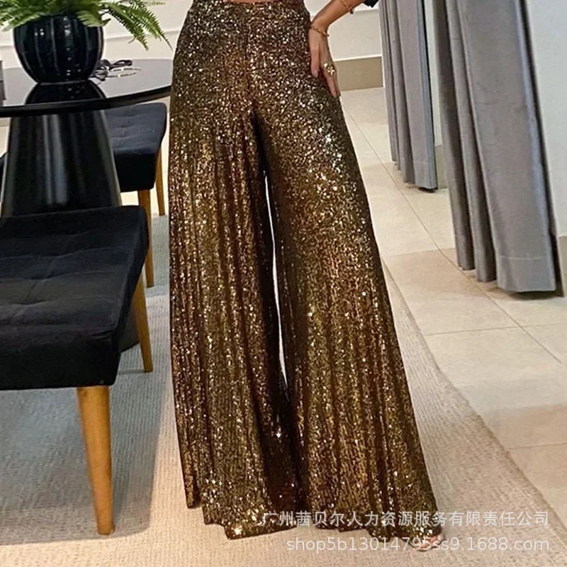 Pailletten wijde pijpen uitlopende nachtelijke dames losse hoge taille allover feestbroek zomerbroek