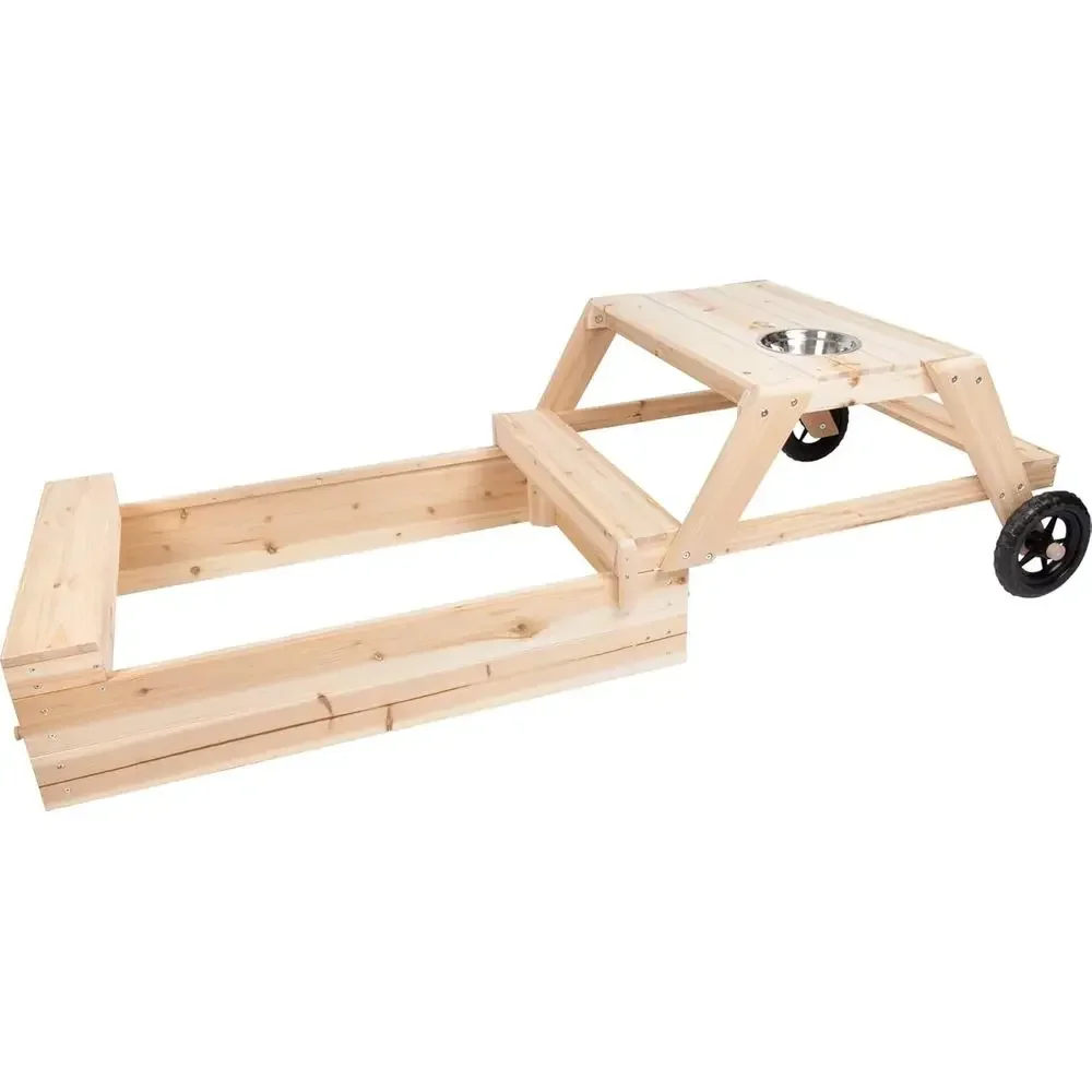 small oot Sandbox with Seating Area and Mud Table, Made o Wood, 3-in-1 Sandpit or Kids, Slides Together, 12420