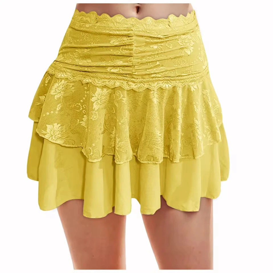 Lace Flowy Elastic Low Rise Skirt Women Lace Mini Skirt Ruffle Lace Layered Pleated Short Female Lining High Waist Mini Skirts