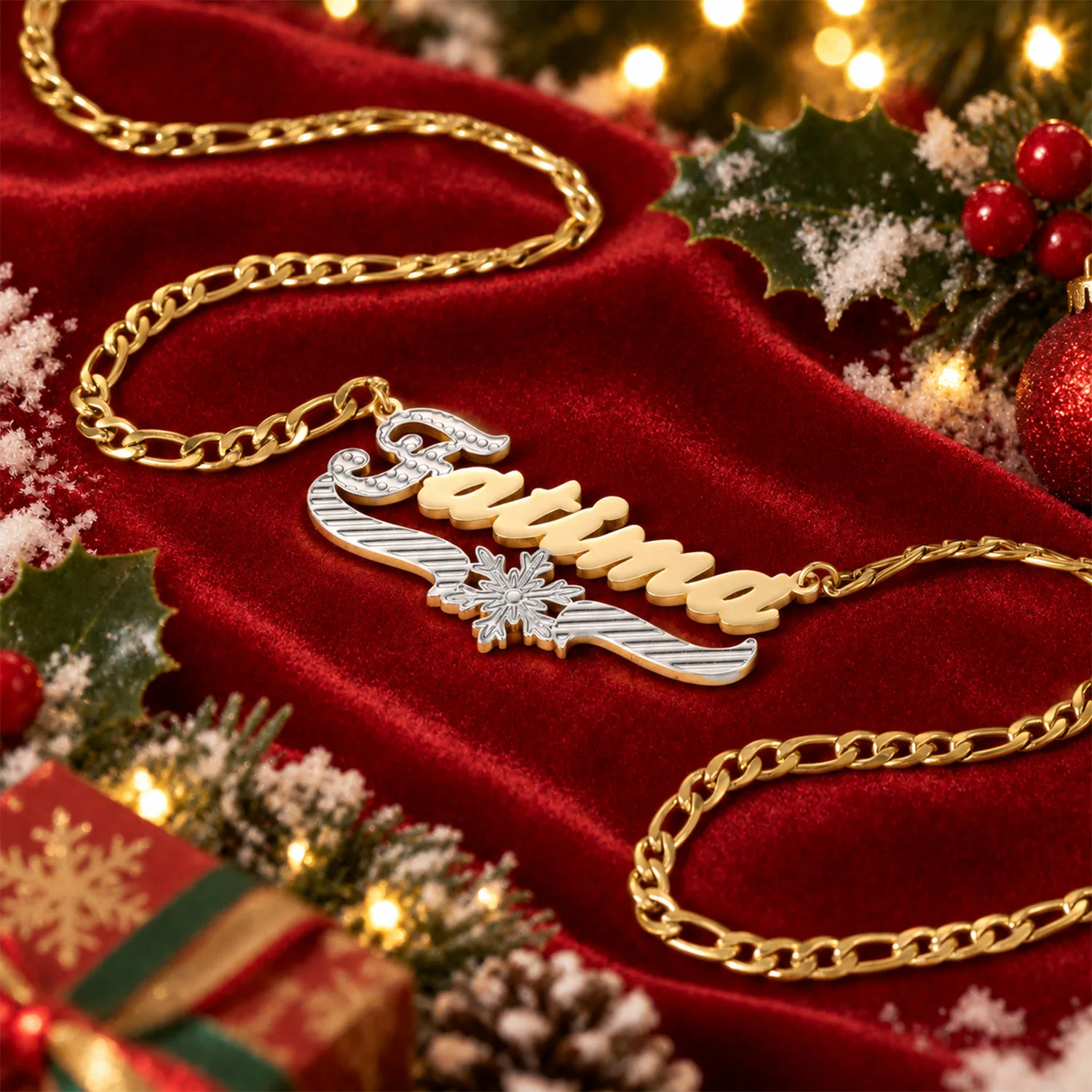 Qitian Custom Two Tone Name Necklace Personalized Script Letter Pendant With Snowflake Charm Christmas Jewelry Gifts For Women