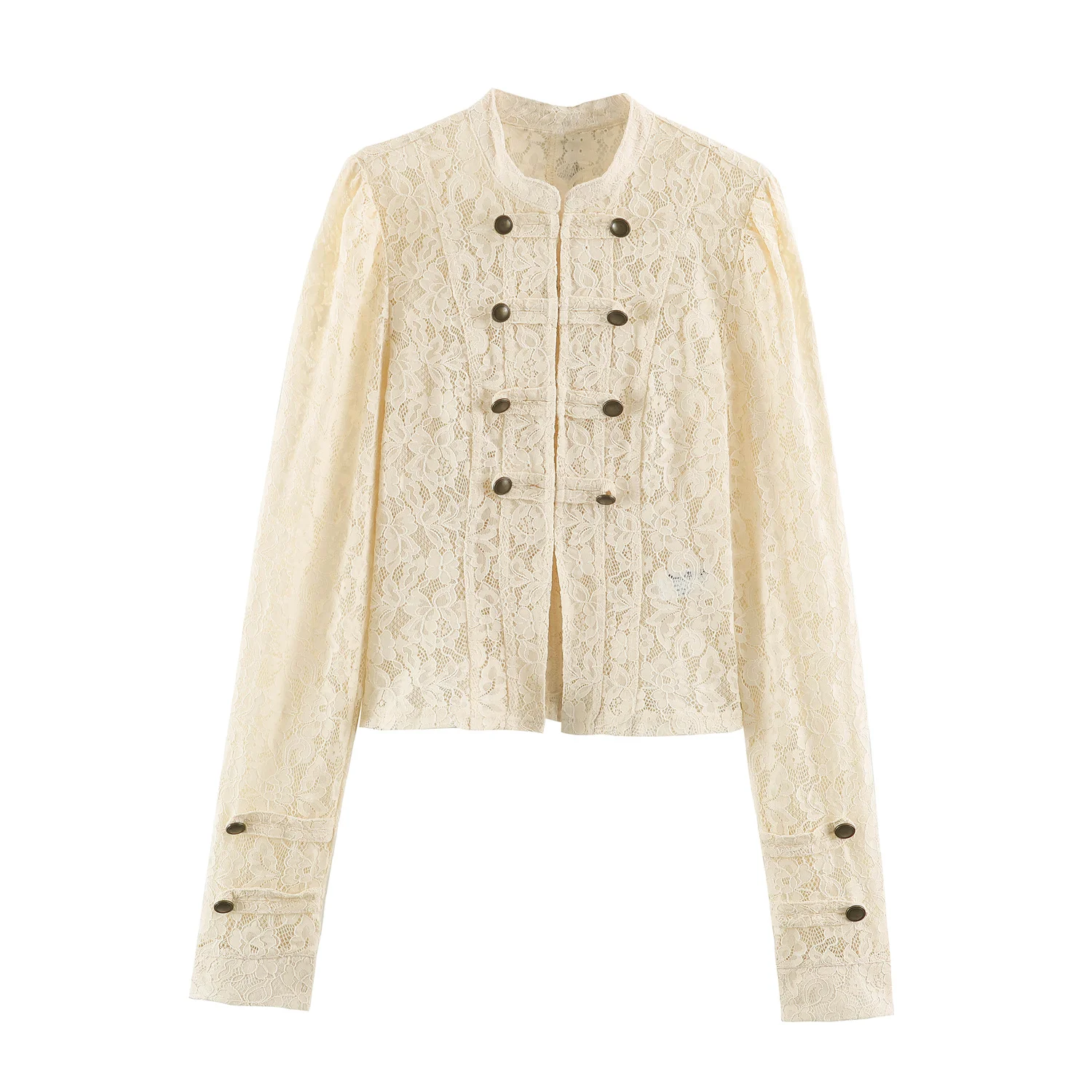 Damenmode Spitzenjacken Freizeit Langarm Stehkragen Doppelreihige Mäntel Elegante Schicke Herbst-Urlaubs-Oberbekleidung – Detail 3