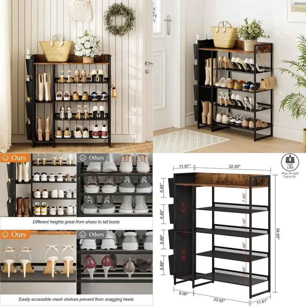 

5-уровневая отдельно стоящая полка для обуви с сумкой для хранения на высоких каблуках, идеально подходящая для прихожей, прихожей, шкафов и общежитий.