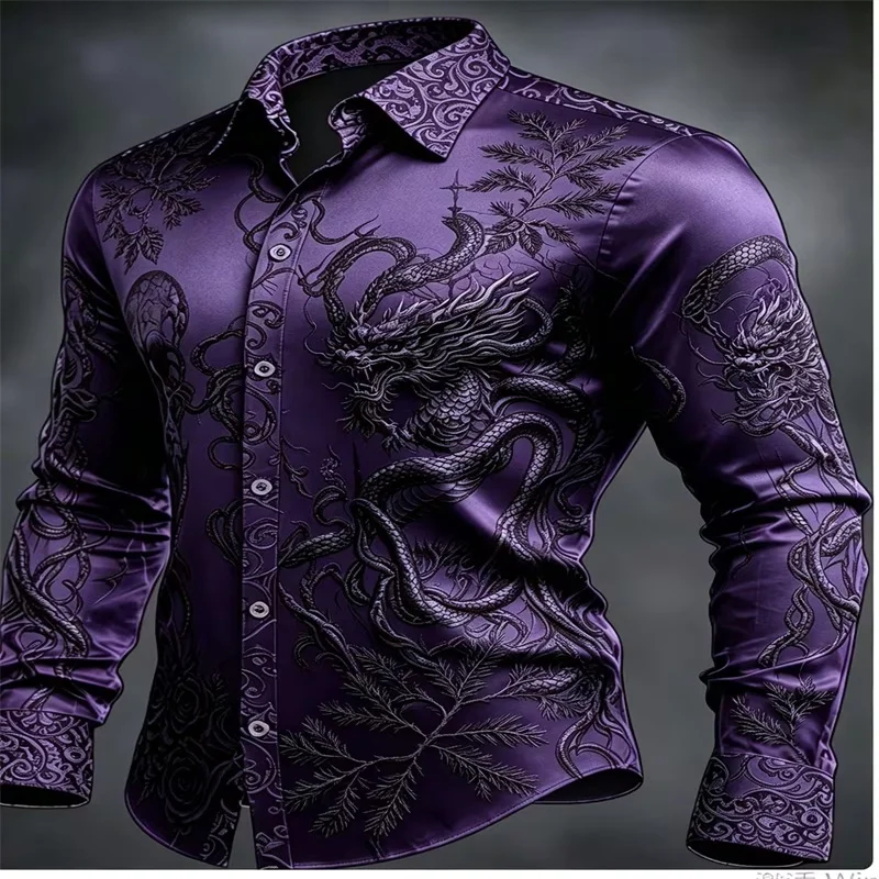 Men Luxury Purple Satin Long Sleeve Shirt Black Chinese Dragon Print Glossy Button Down Shirt Party Wedding Formal Male Dress To