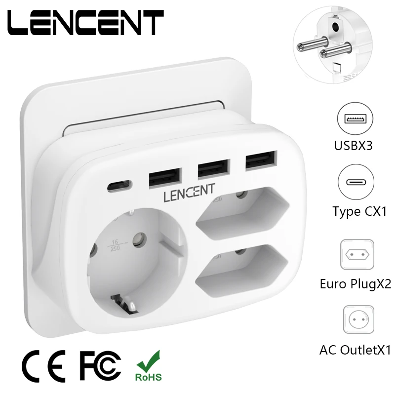 LENCENT EU Multiple Wall Plug 7 in 1 Socket with 3 AC Outlets 3 USB Ports and 1 Type C Multiple Plug Adapter for Home and Office