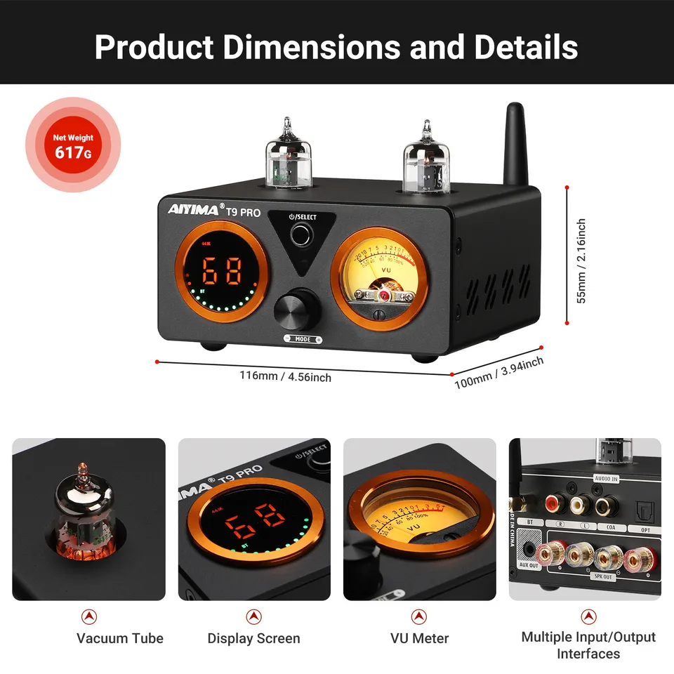 AIYIMA Audio T9 Pro Stereo Vacuum Tube Amplifier Bluetooth 5.1