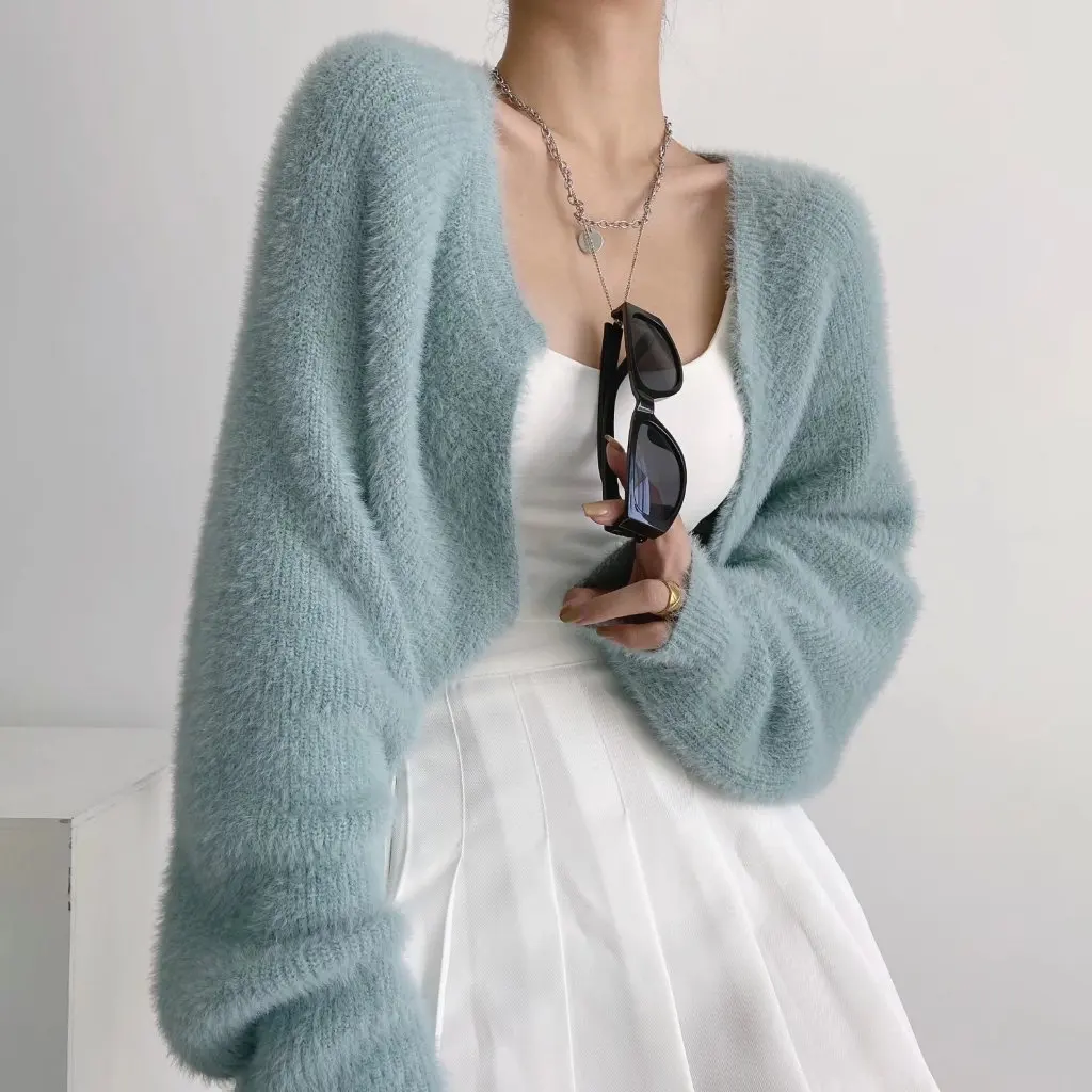 

Women's Spring Autumn Furry Long-Sleeved Short Coat Loose Blouse Outer Sweater Fashionable Cardigan