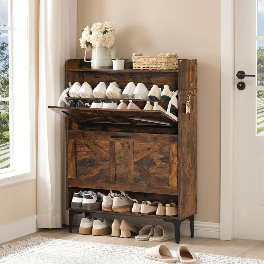 

shoe storage cabinet, shoe organizer with 2 flip drawers, hidden shoe storage for entryway, freestanding organizer with open sto