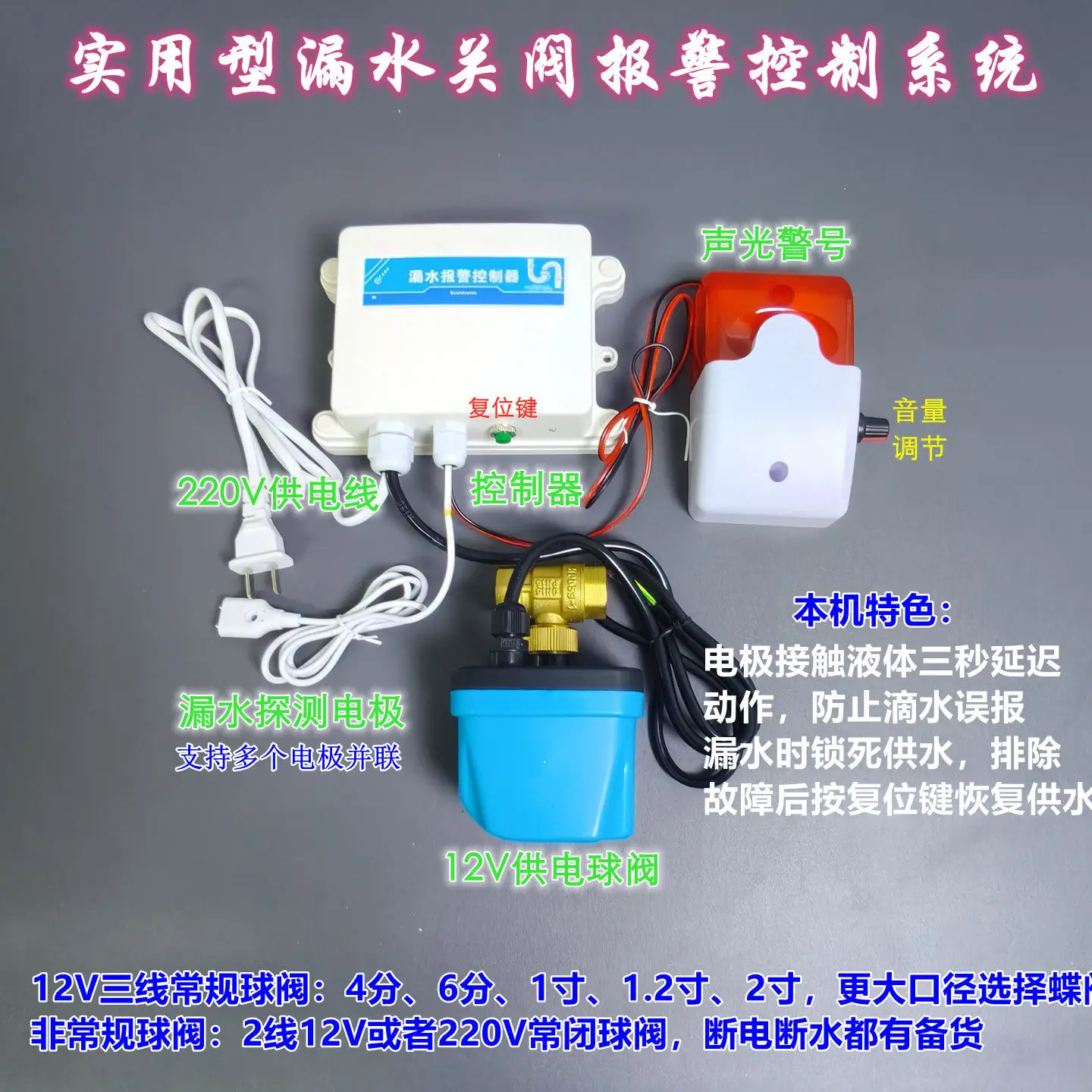 Audible and Visual Leak Alarm with Automatic Water Shut-off Solenoid Valve Shuts Off the Water Supply Manual Reset Required