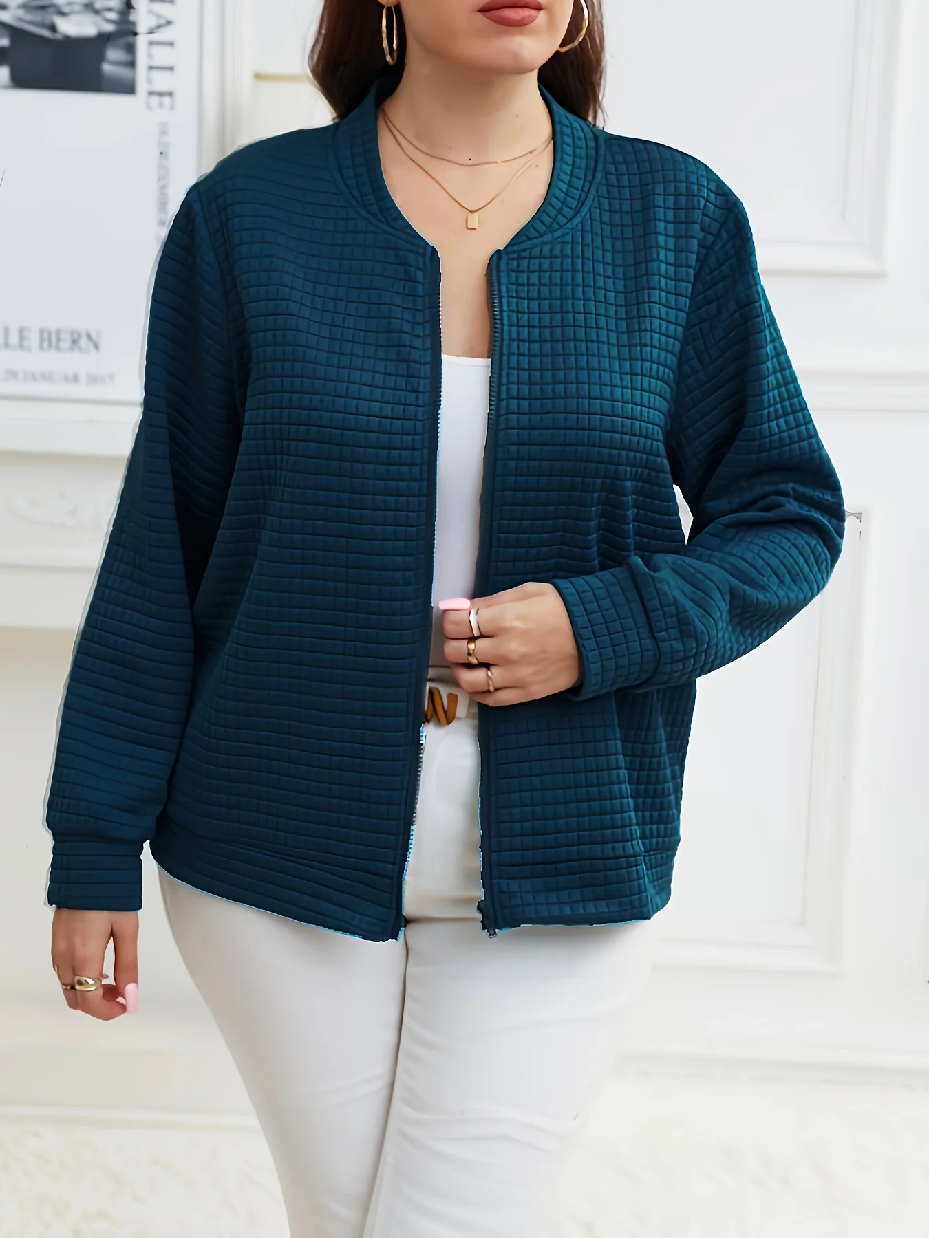 Dámský elegantní kardigan s dlouhým rukávem pro větší velikosti - měkká vaflová tkanina, klasický střih na zip, univerzální pro všechna roční období, vhodný pro běžné nošení i formální příležitosti - náhled 3