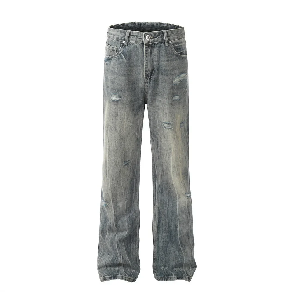 

European and American Fashion High Street Ripped Jeans for Men, Retro Washed and Distressed Straight-leg Wide-leg Long Pants.