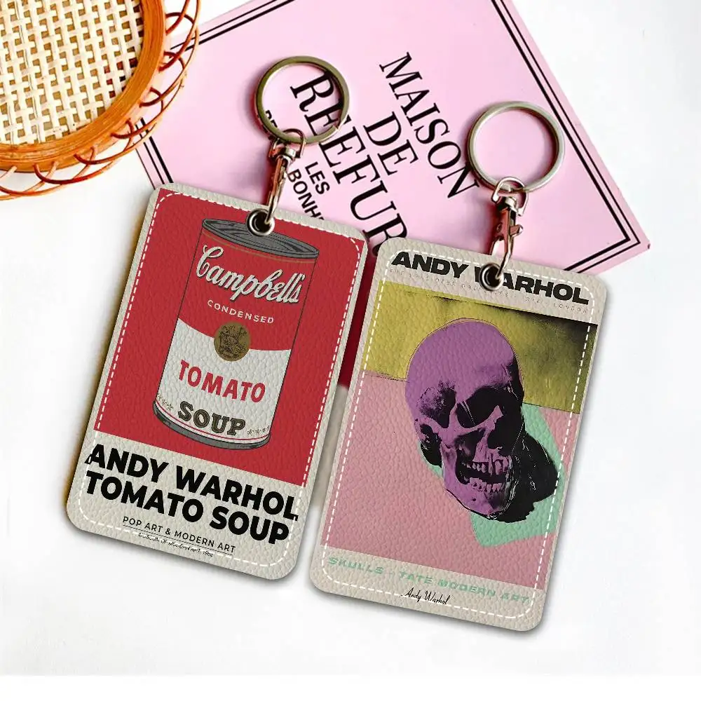 A-Andy W-Warhol Rectangle ID Card Case Keychain Access Card Bag Key Tag Ring Leather Card Holder Key Ring Access