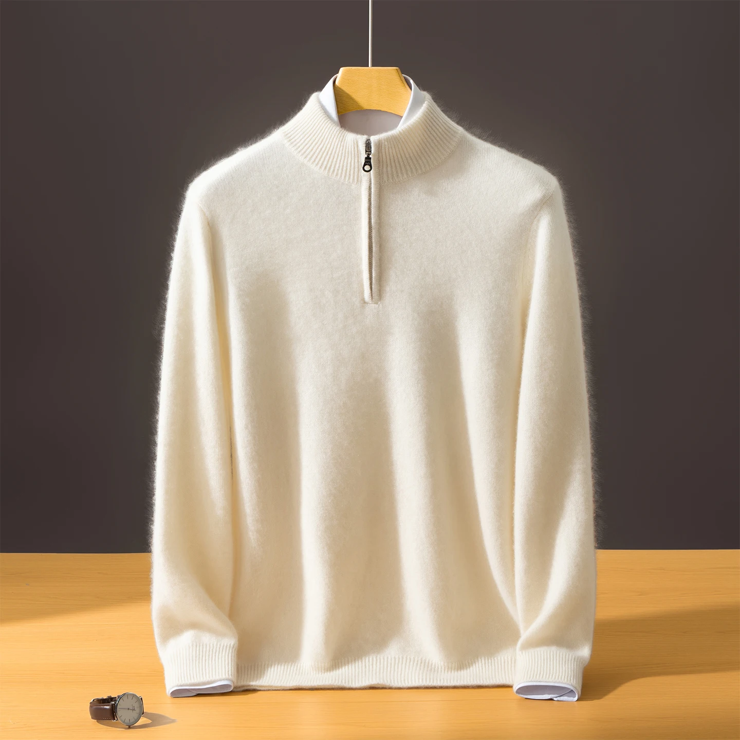 High-quality men's 100% cashmere pullover knitted sweater MOCK neck Tops thick long sleeve Blouse loose semi-open zipper Jumper