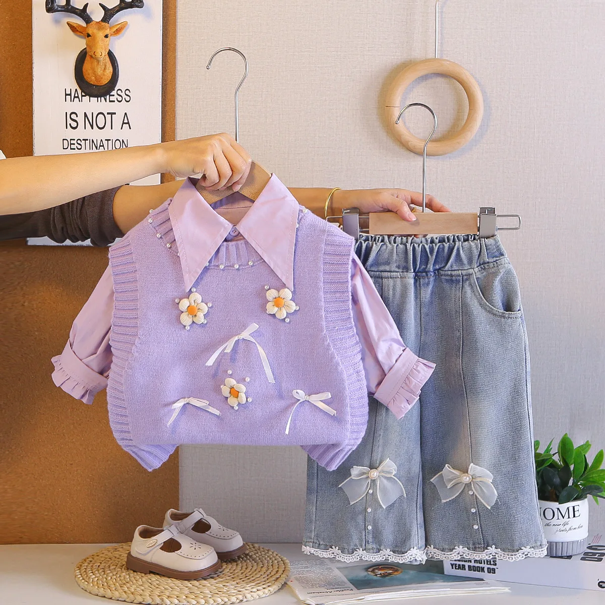 0-5 Years Korean Fashion Kids Clothes 2026 Spring and Autumn Girls' Flower Knitted Vest + Solid Color Shirt + Jeans 3 Piece Set