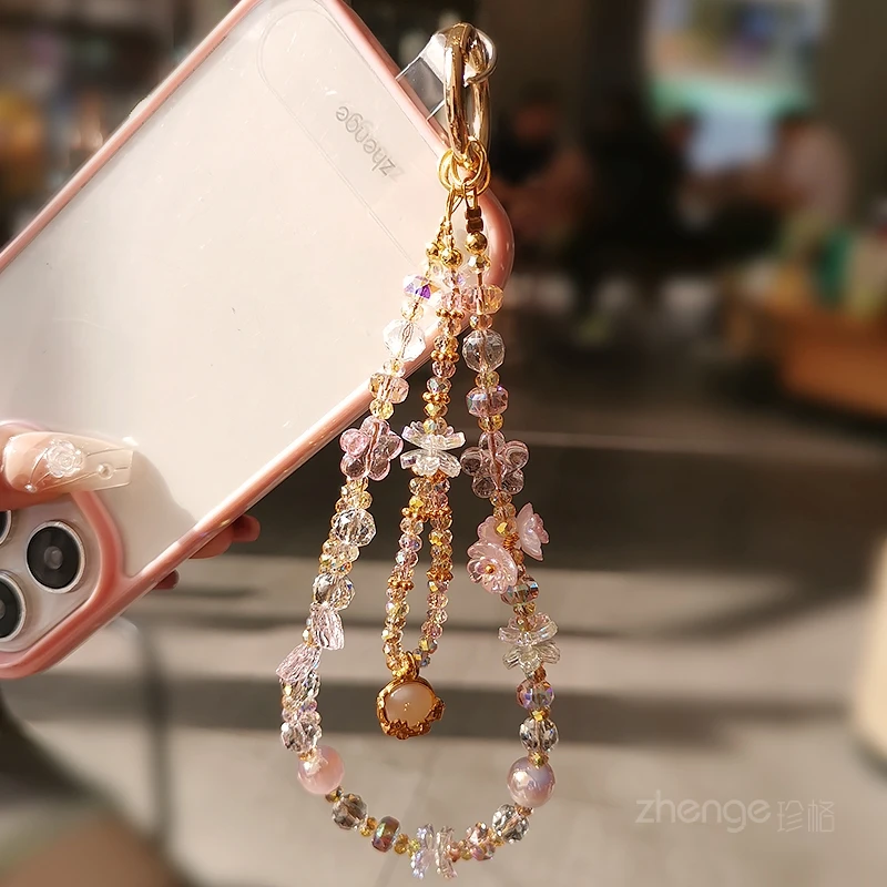 

Universal Pink Iridescent Beaded Lanyard - Luxury Rhinestone Anti-Lost Wrist Strap, Secure Phone Accessory for Daily Use