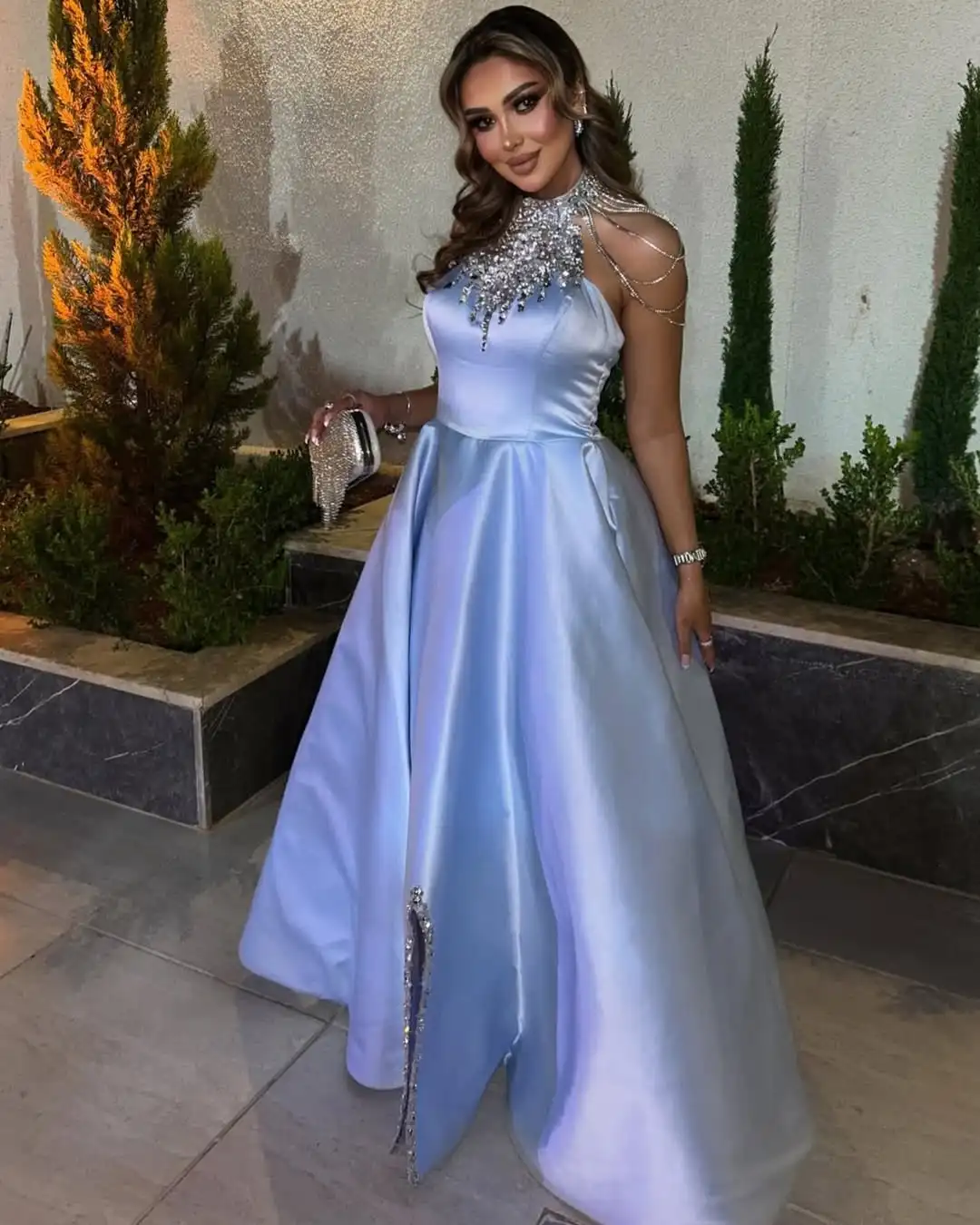 

Customized Sleeveless Prom Dresses High Neck Floor Length Backless Beadings Front Split Party Dresses Evening Dresses