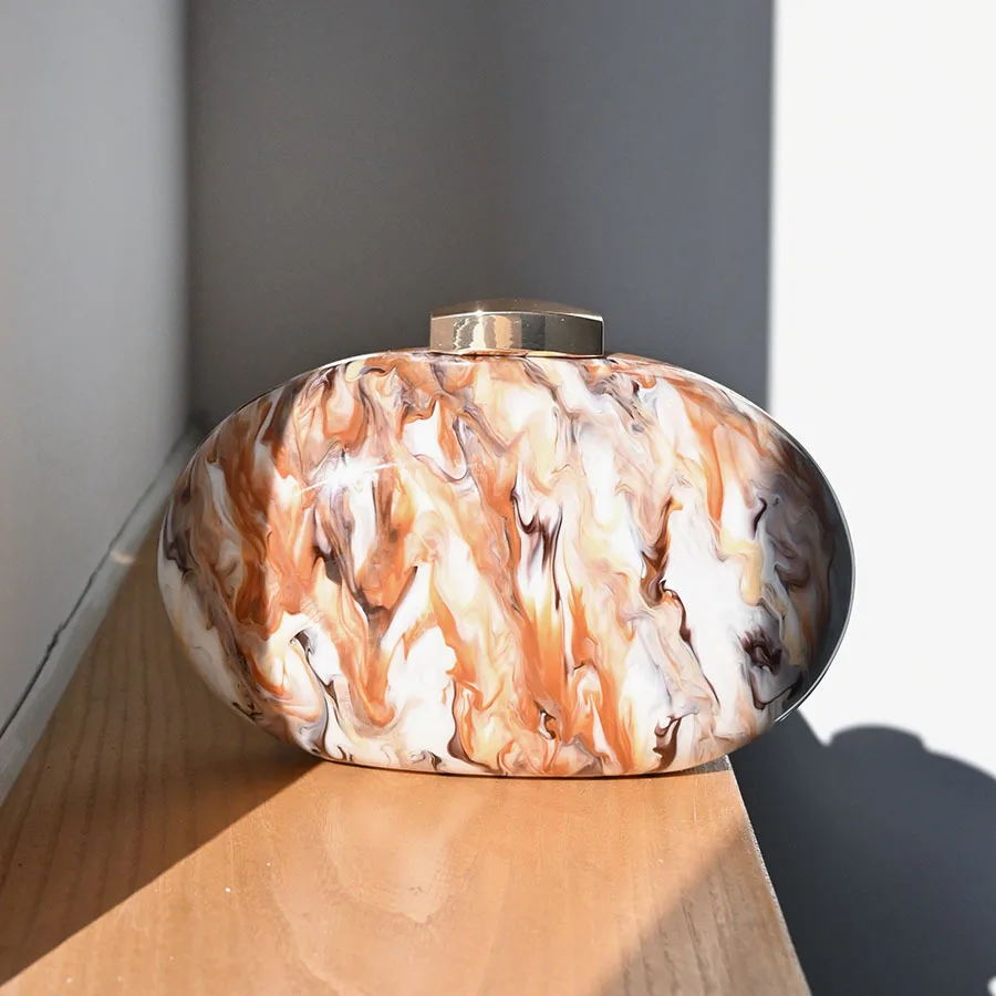 Retro premium eye-catching oval acrylic dinner clutch bag warm marble smudge texture exquisite chain bag