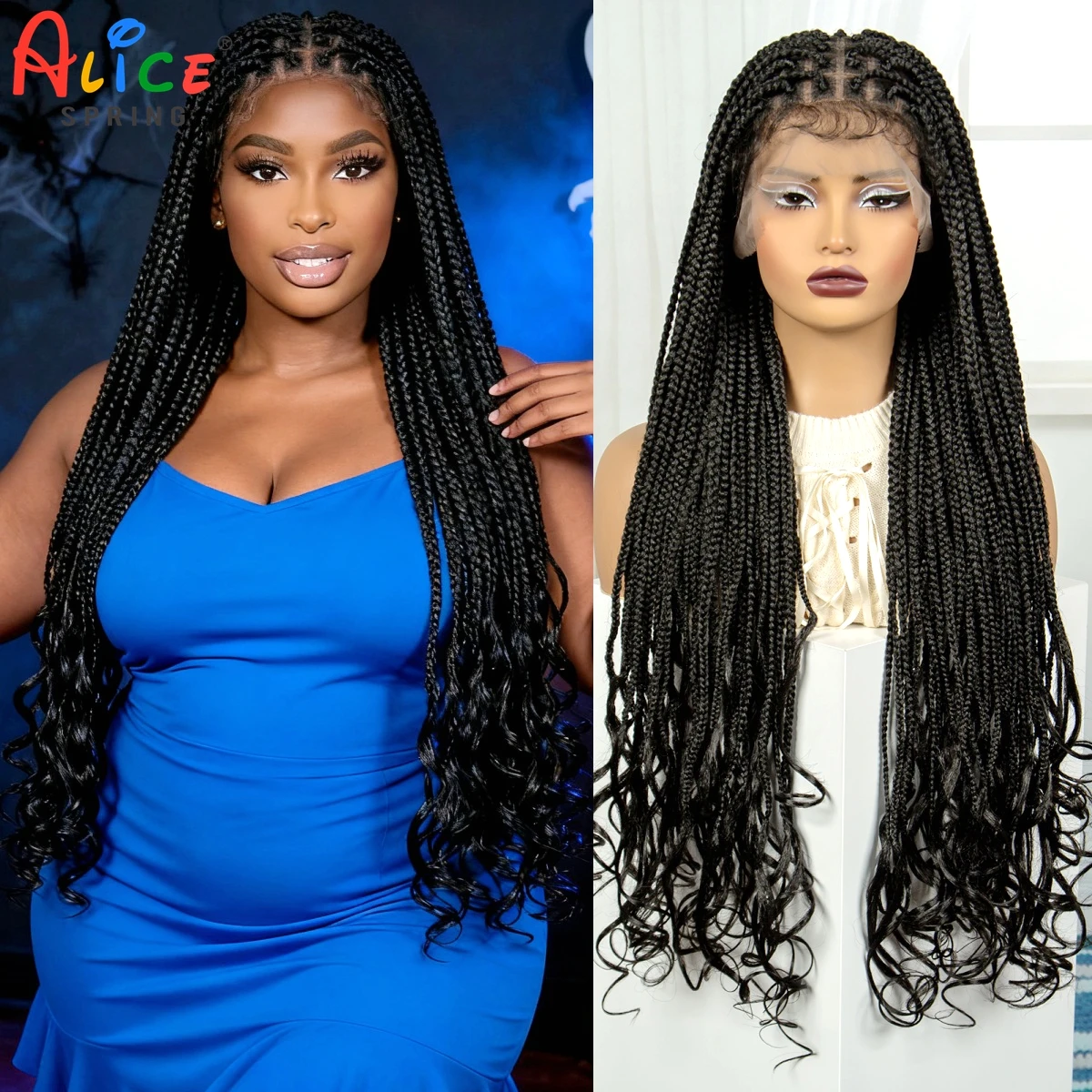 

34-дюймовые длинные натуральные косички без узлов, парики с волнистыми концами, синтетические полные кружевные плетеные парики в стиле бохо для чернокожих женщин