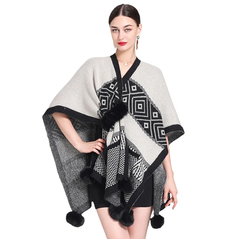 Side Strap Geometric Jacquard Knit Shawl Long Split Cape Cardigan Fur Balls Tassels Poncho Women Spring Autumn Winter Cloak