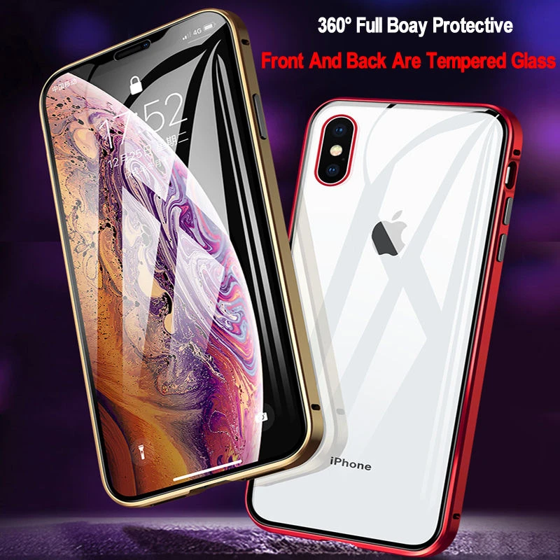 360 Magnetic Adsorption Metal Case For iPhone 14 13 12 11 Pro Max XR Double-Sided Glass Case For iPhone 6S 7 8 Plus Magnet Cover