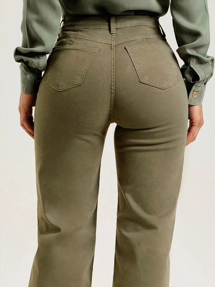 Jean vert armée taille haute pour femme, pantalon en denim pour femme, coupe botte, évasé décontracté, jambe large, mode Y2K, streetwear, fjk, 2024