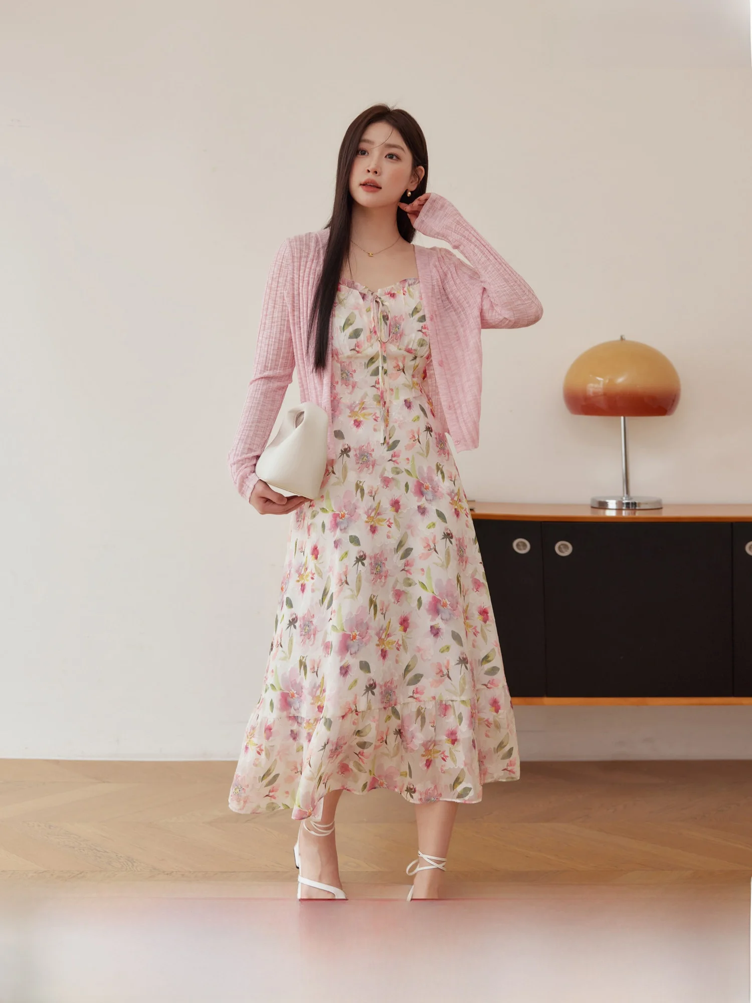 

Blue Language plus Size Women's Elegant Floral Print Strap Dress Knitted Cardigan Early Spring Meat Covering Two-Piece Set
