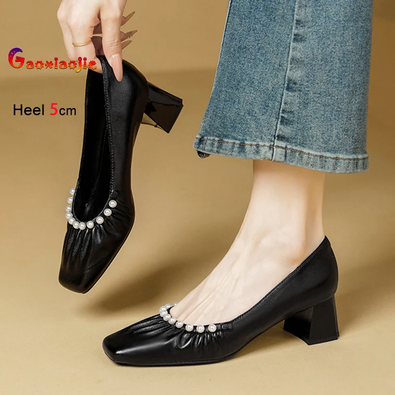 

2026 New Style Women Square Toe High Heels 5CM Thick Heeled Shallow Daily Pleated Single Shoes Spring Summer Female Pearl Pumps