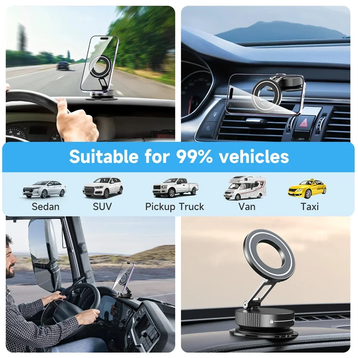 2025 TenYua Car Mount Vacuum Magnetic Holder Foldable Strong Suction Stand with Metal Hinges for Cell Phone Silver