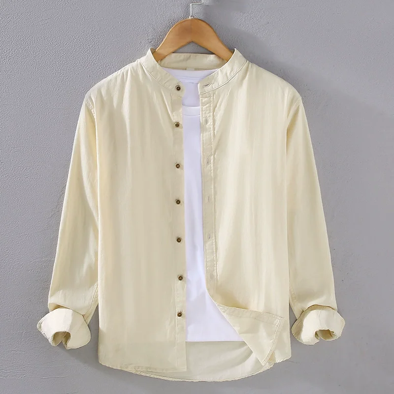Stand Collar Premium Shirts For Men Long Sleeved Skin-Friendly Spring Quality Natural Cotton Thin Solid Casual Camisas De Hombre